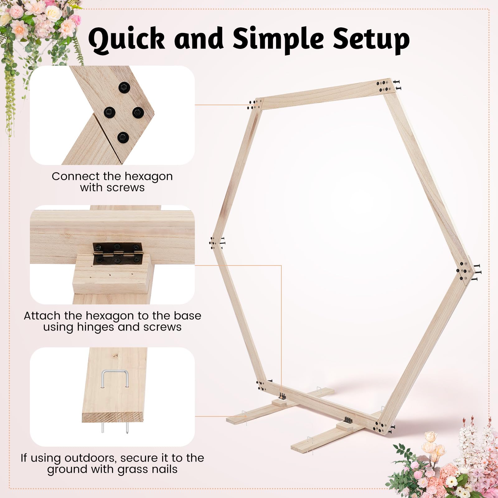 Hochzeitsdeko Holz Hochzeitsbogen Gestell Sechseckige Ballonbogen 2.33m Willkommensschild Hochzeit DIY-Design Ballonständer Outdoor Foto Hintergrund Indoor Party Ständer Retro Tischbogen