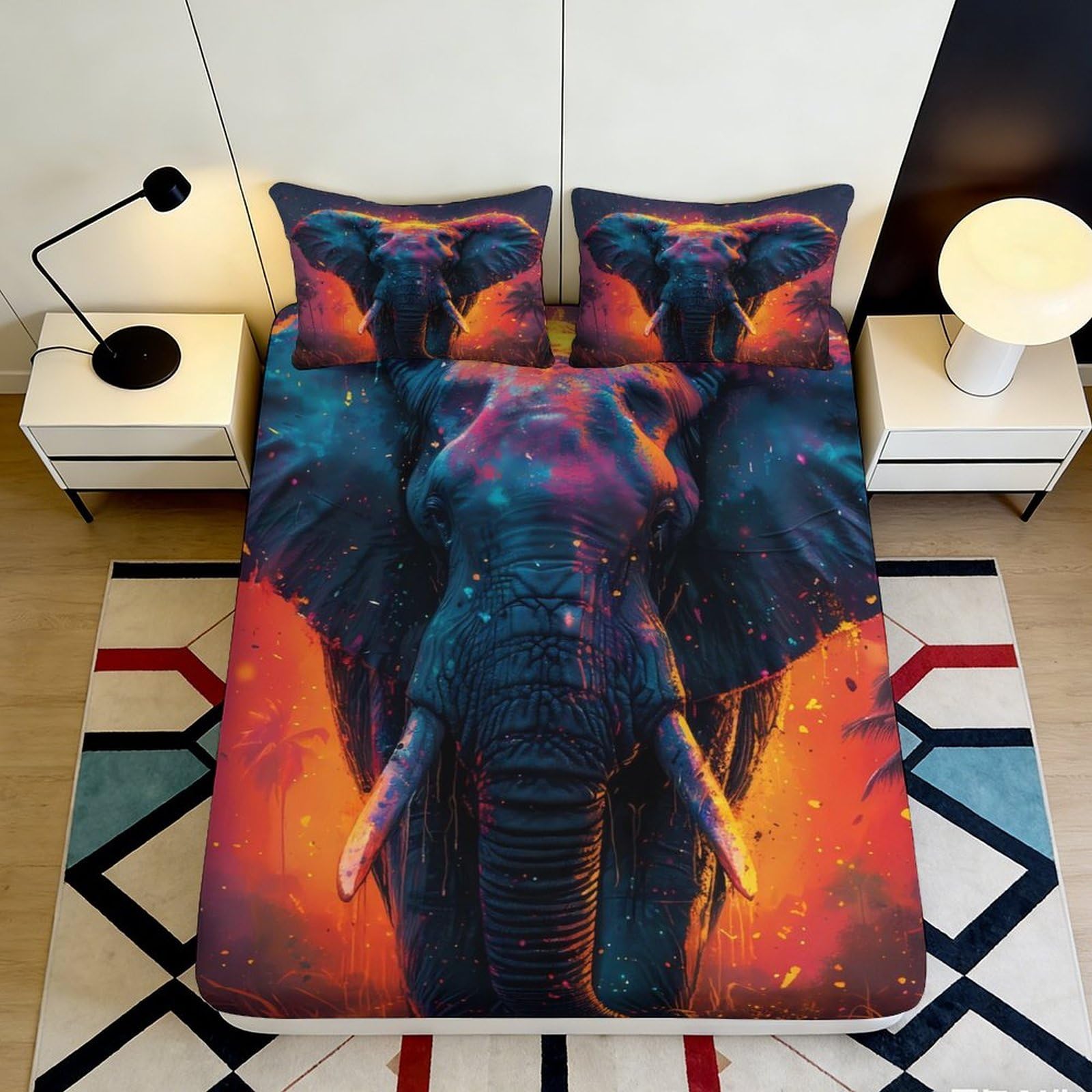 3D Printed Neon Elephant Fitted Sheet Microfiber Soft Vibrant Jungle Sunset Mattress Cover for Bedroom Dorm Room Décor 90x200x25cm