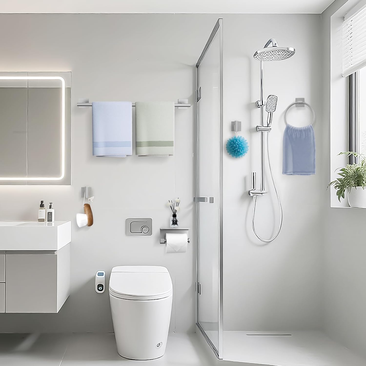 TURS 5-Pieces Brushed Nickel Bathroom Hardware Set 23.6 Inch SUS304 Stainless Steel Towel Bar Set Wall Mounted Square Toilet Paper Holder with Shelf