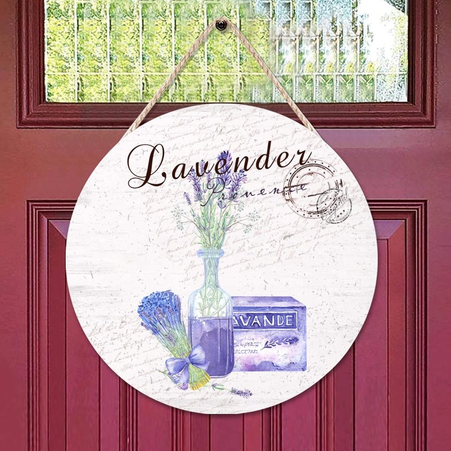 Lavender Round Door Hanger Sign, Floral Wood Door Sign, 16x16in Vintage Wall Hanging Sign Plaque for Backyard Front Porch Farmhouse Front Door Decor Housewarming Gifts