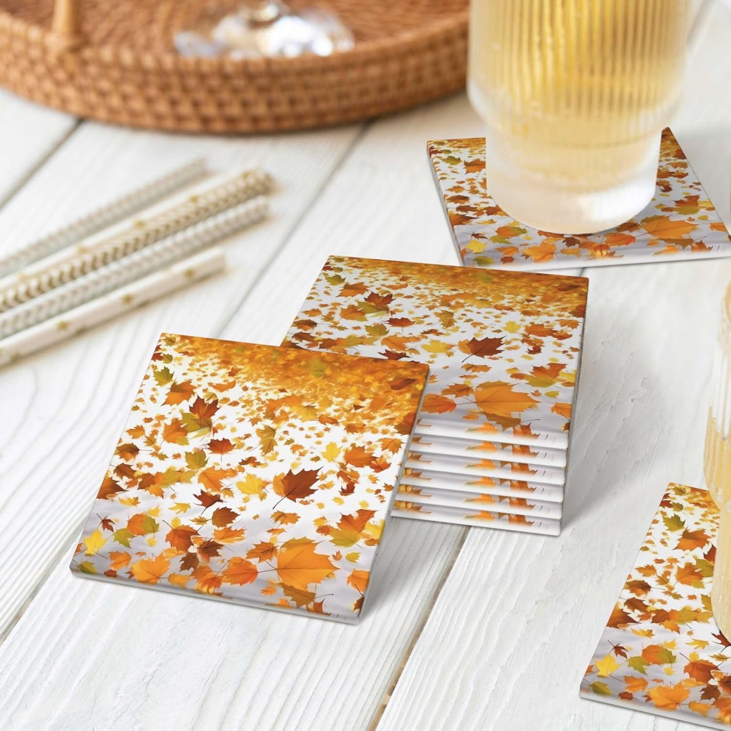 (Romantic Autumn The Fall of Maple Leaves) Ceramic Coasters Set of 6 with Holder Non-Slip Square Coffee Coasters for for Cup Mug Drink Patio Coffee Table Decor, Christmas Coasters Home Bar Supplies