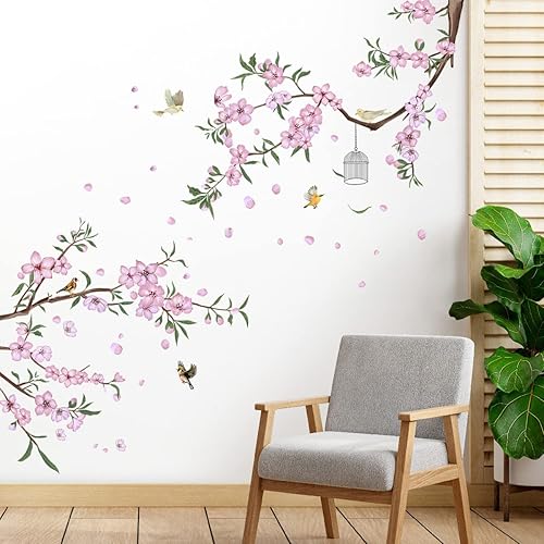 Miniatura 8 de 2 hojas de calcomanías de pared de flor de durazno rosa, ramas de cerezo, calcomanías de pared extraíbles para niños, niñas, dormitorio, sala de