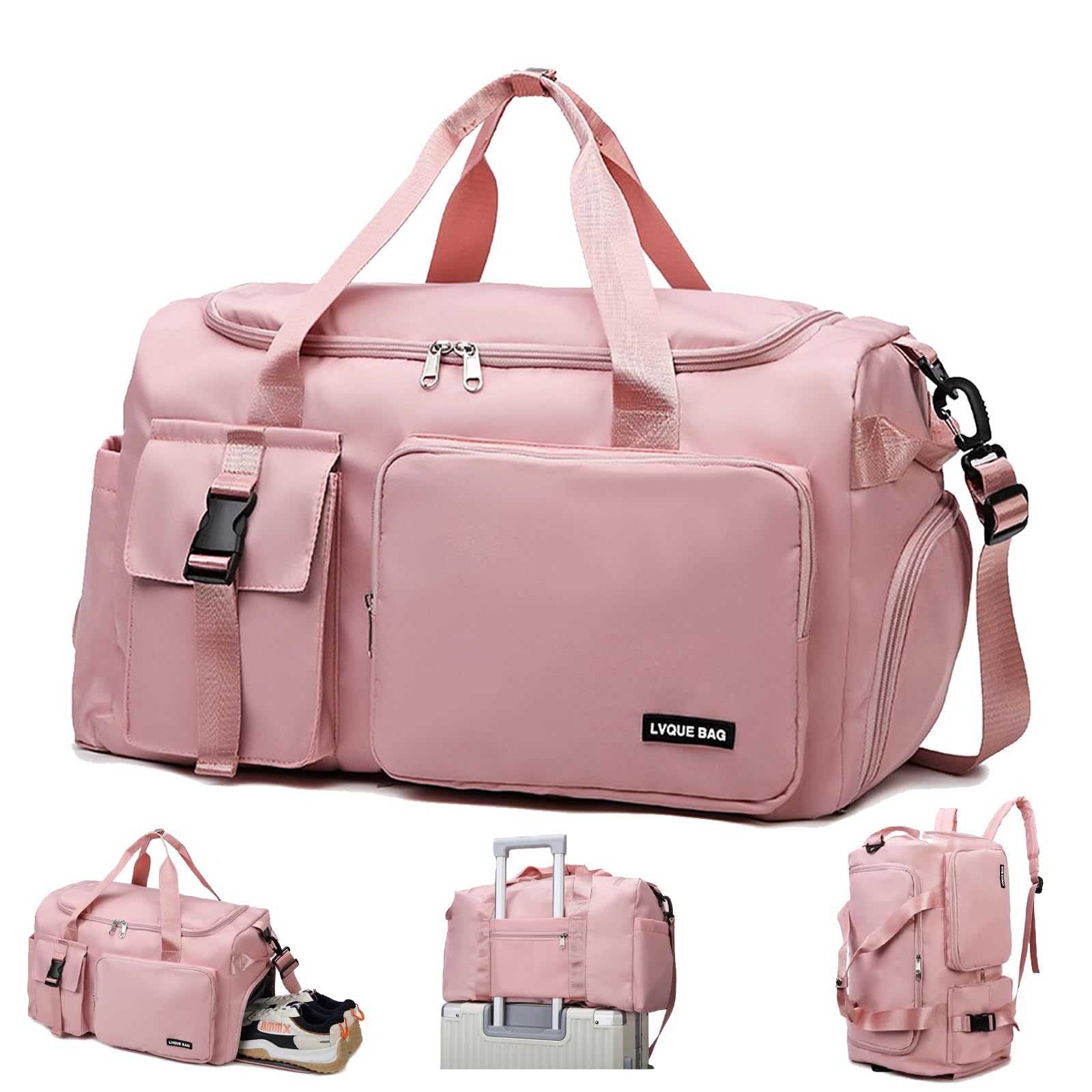 YOUYIKE Sports Bag for Women and Men, Sports Gym Bags, 42L Waterproof Travel Bag, with Shoe Compartment and Wet Pocket, Large Holdall, Cabin, Gym Bags, for Travel, Fitness, Sport, Pink
