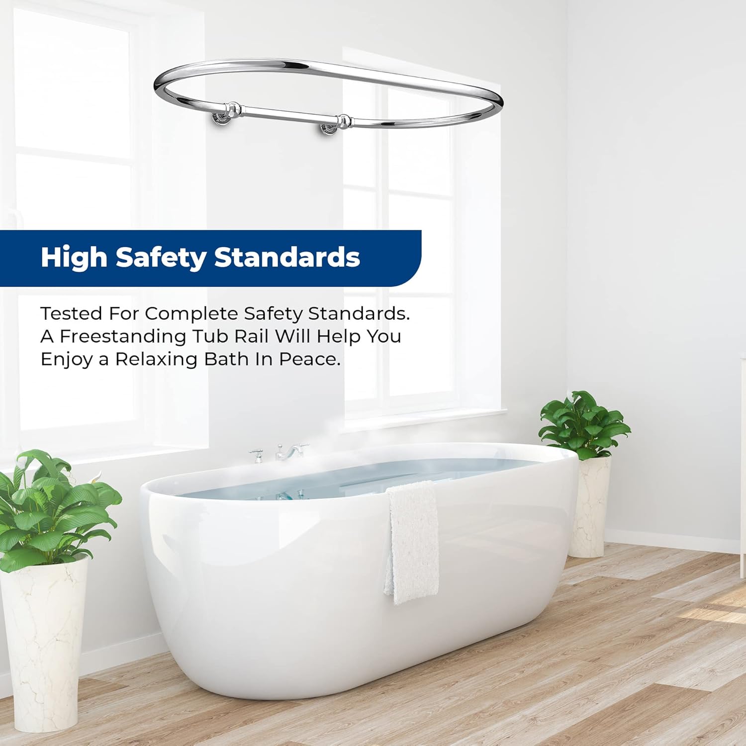 Oval Shower Curtain Rail Rod For Bathroom, Ceiling Mounted for Clawfoot Tub, Large and Heavy Duty Wall Mounted with Adjustable Support - 45 x 25 Inch (Free Curtain Rings) (Chrome)