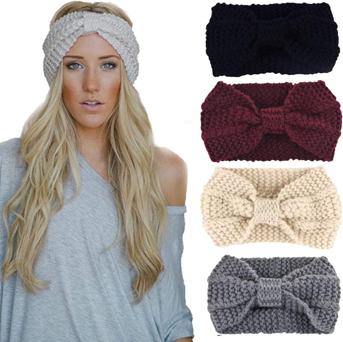 DRESHOW 4 Pack Womens Winter Ear Warmer Headband Crochet Knit Turban