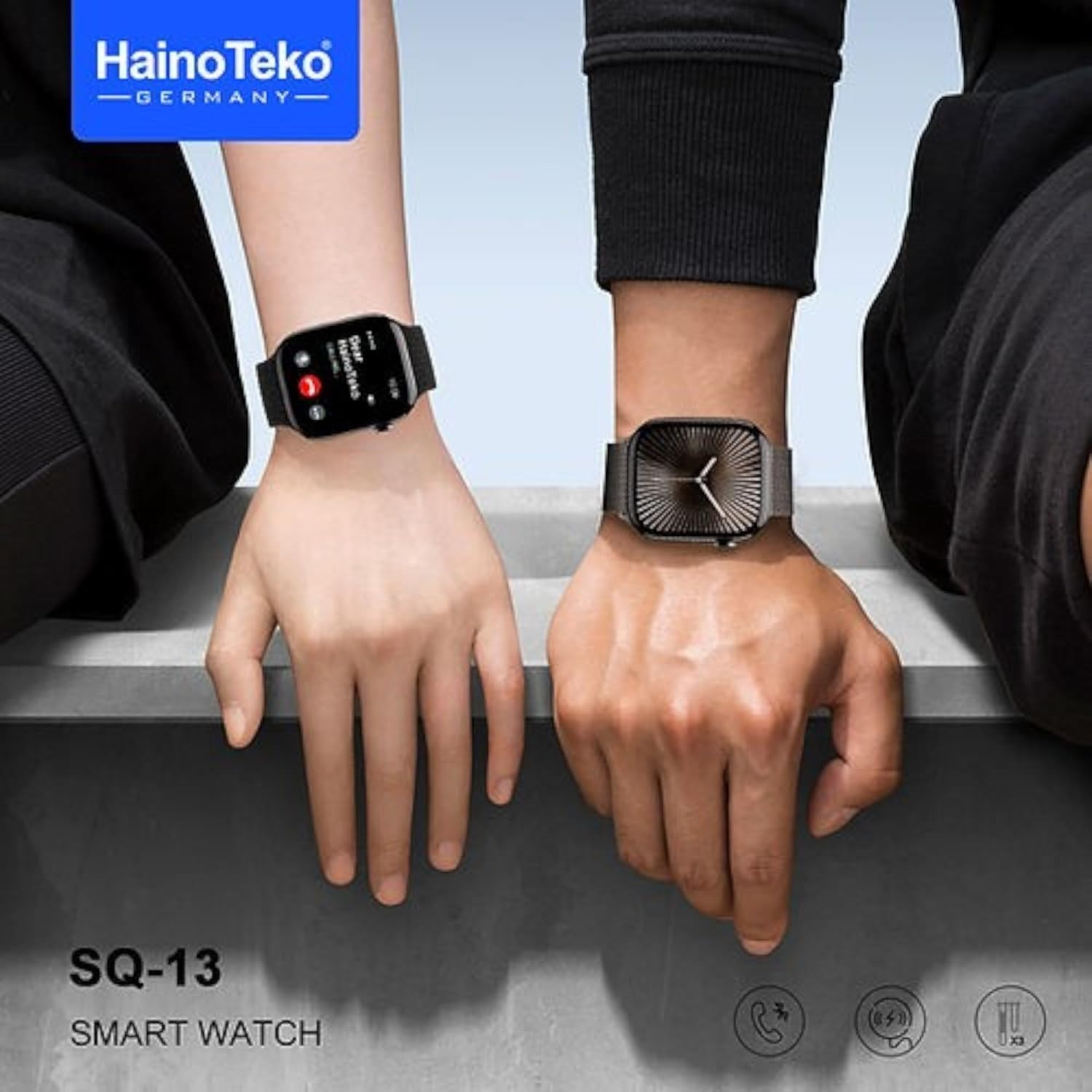 Two individuals wearing Haino Teko SQ-13 Smart Watches on their wrists
