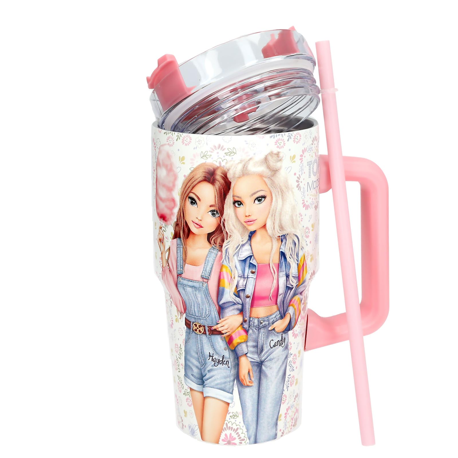 Depesche 14032 TOPModel Festival Fun - to-Go Becher aus Edelstahl, in Creme und Rosa, mit Model Motiv und Blumen-Muster, Getränkebecher mit Strohhalm, Isolierung und Griff, Fassungsv. Ca. 500 ml