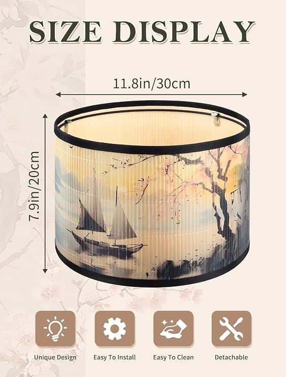 Bamboo Lampshade Drum Shape with Floral Print - Easy Click Closure for Table Lamp, Bedroom & Living Room - Medium (Diameter 30 cm) (Type C)