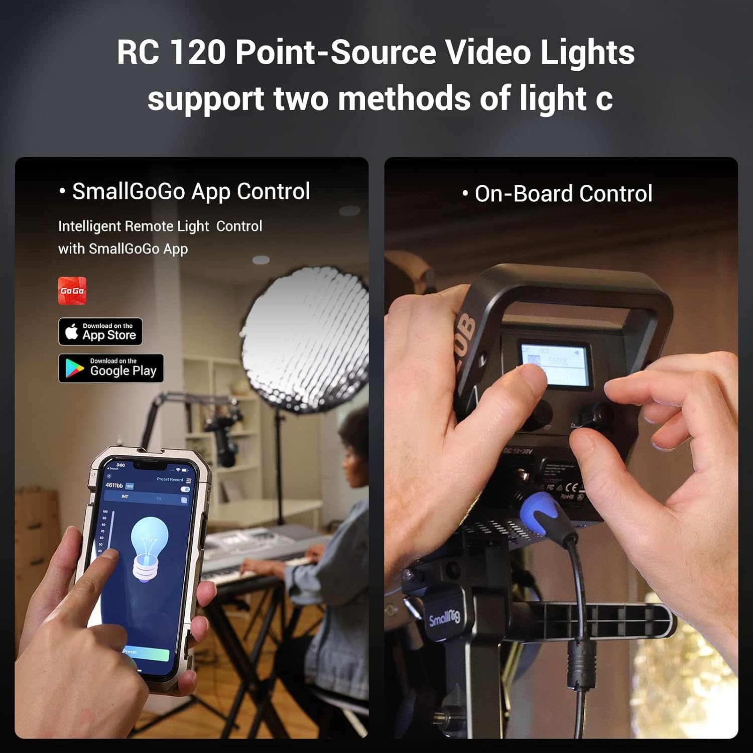 SmallRig RC 120B showing both SmallGoGo App control and on-board control options
