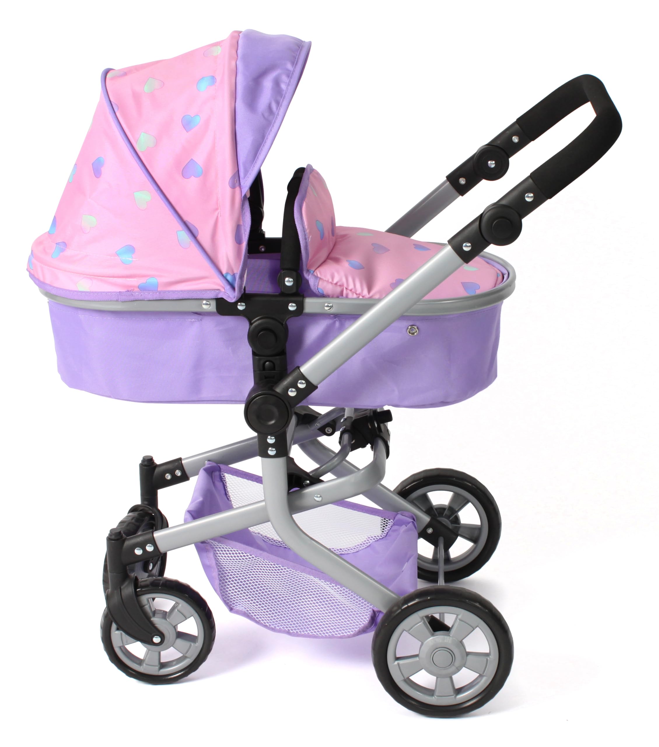 Bayer Chic 2000® Mika wózek dla lalek 2 w 1, fioletowe serduszka, składany, uchwyt z regulacją wysokości 47-80 cm, nowoczesny stelaż, lalki do 52 cm, 4-8 J.