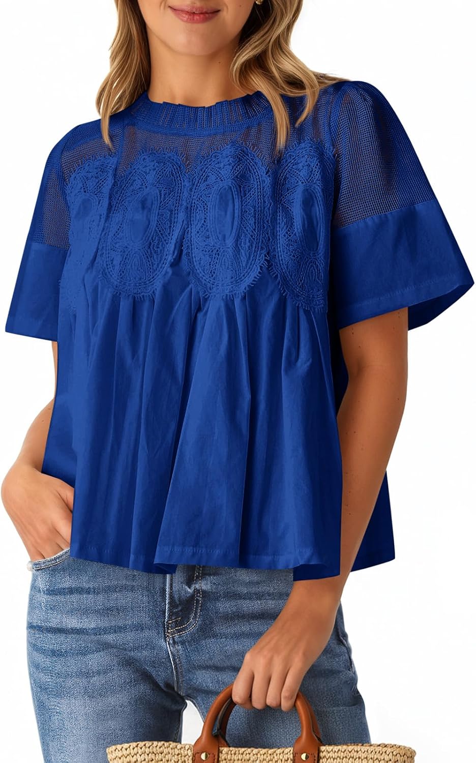 Cicy Bell Womens Babydoll Lace Blouses Short Sleeve Ruffle Crew Neck Peplum Tops Dressy Casual Loose Fit Shirts