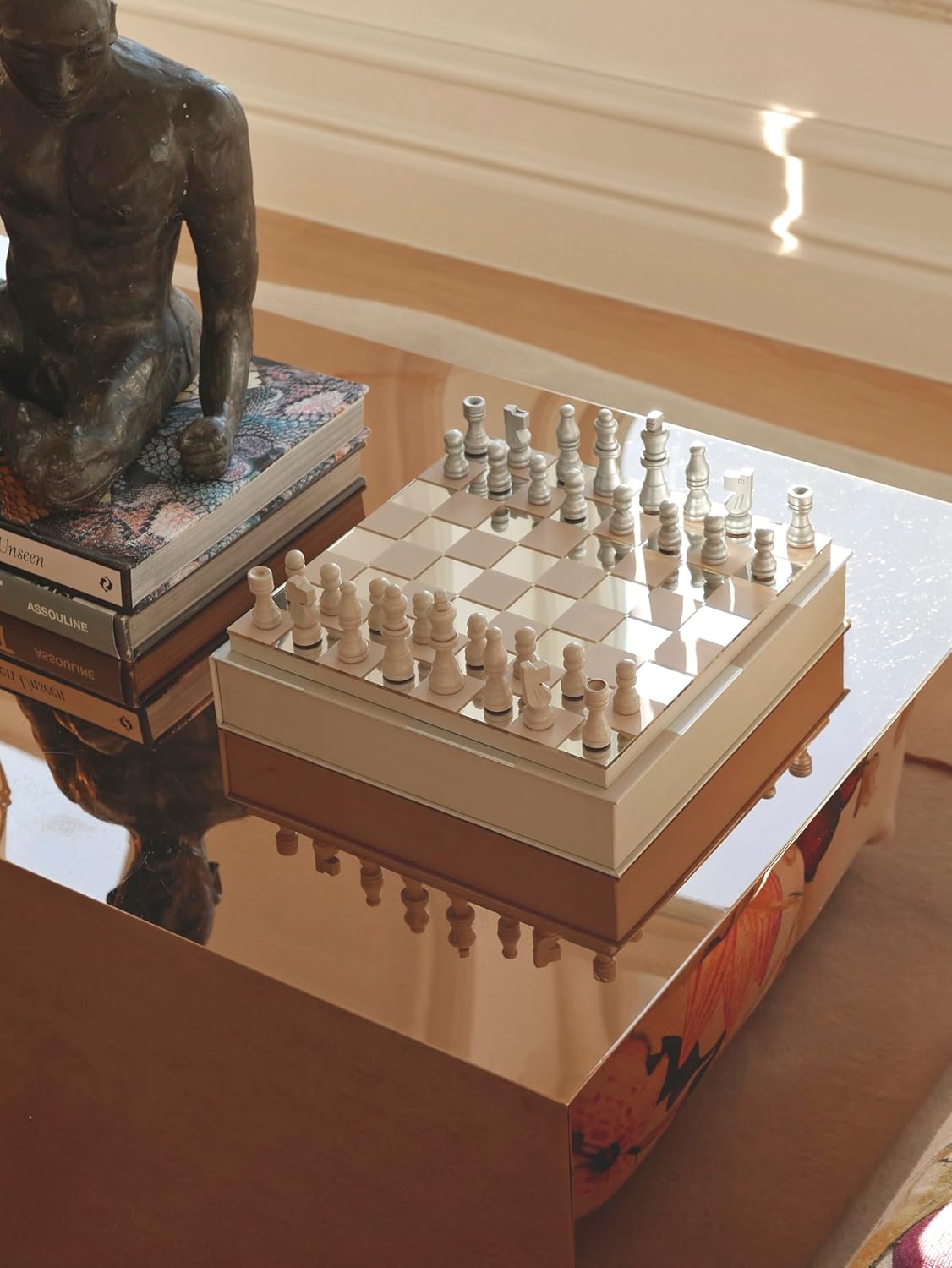 Printworks Classic – Art of Chess, Mirror – Beige & Silver Wooden Chess Set with Mirrored Acrylic Board – Stylish Coffee Table Game for Adults – Multilingual Instructions Included