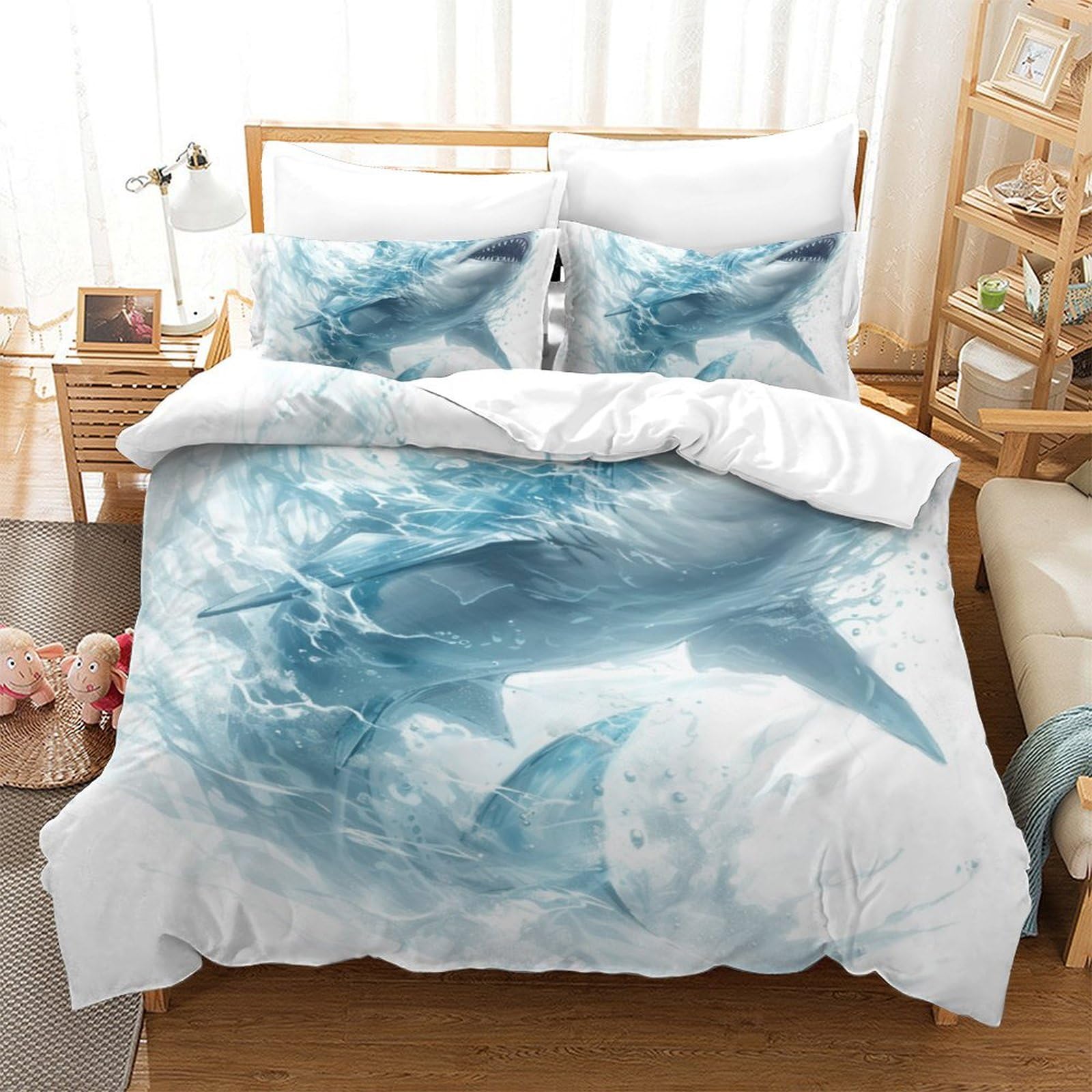 Housse de couette requin 3D double 200x200 cm avec taies d'oreiller en microfibre douce