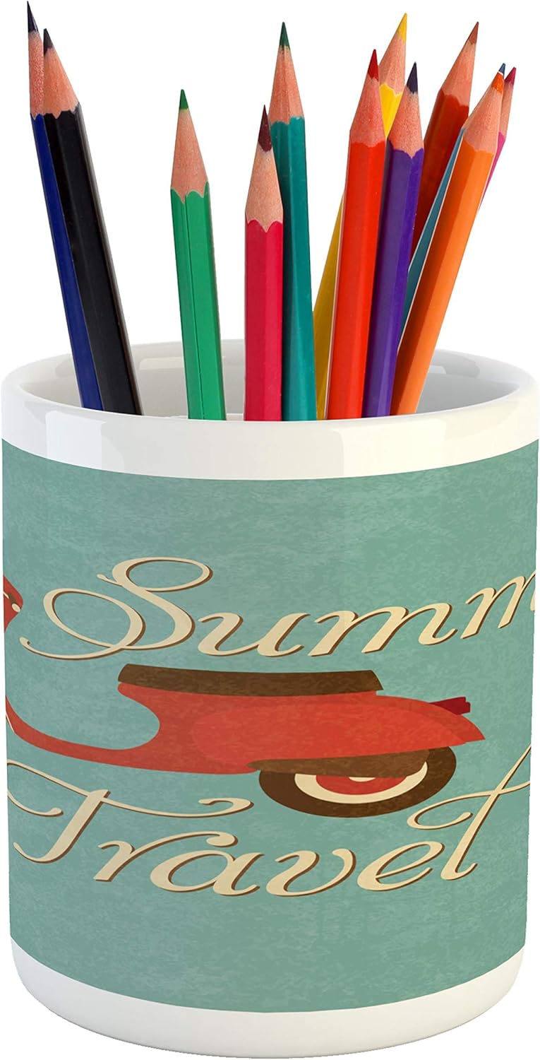 Lunarable 1960s Pencil Pen Holder, Summer Travel Lettering Scooter Vacation Classic Wheels Rock Cool Hippy Motorbike, Ceramic Pencil Holder for Desk Office Accessory, 3.6 X 3.2, Cream Teal