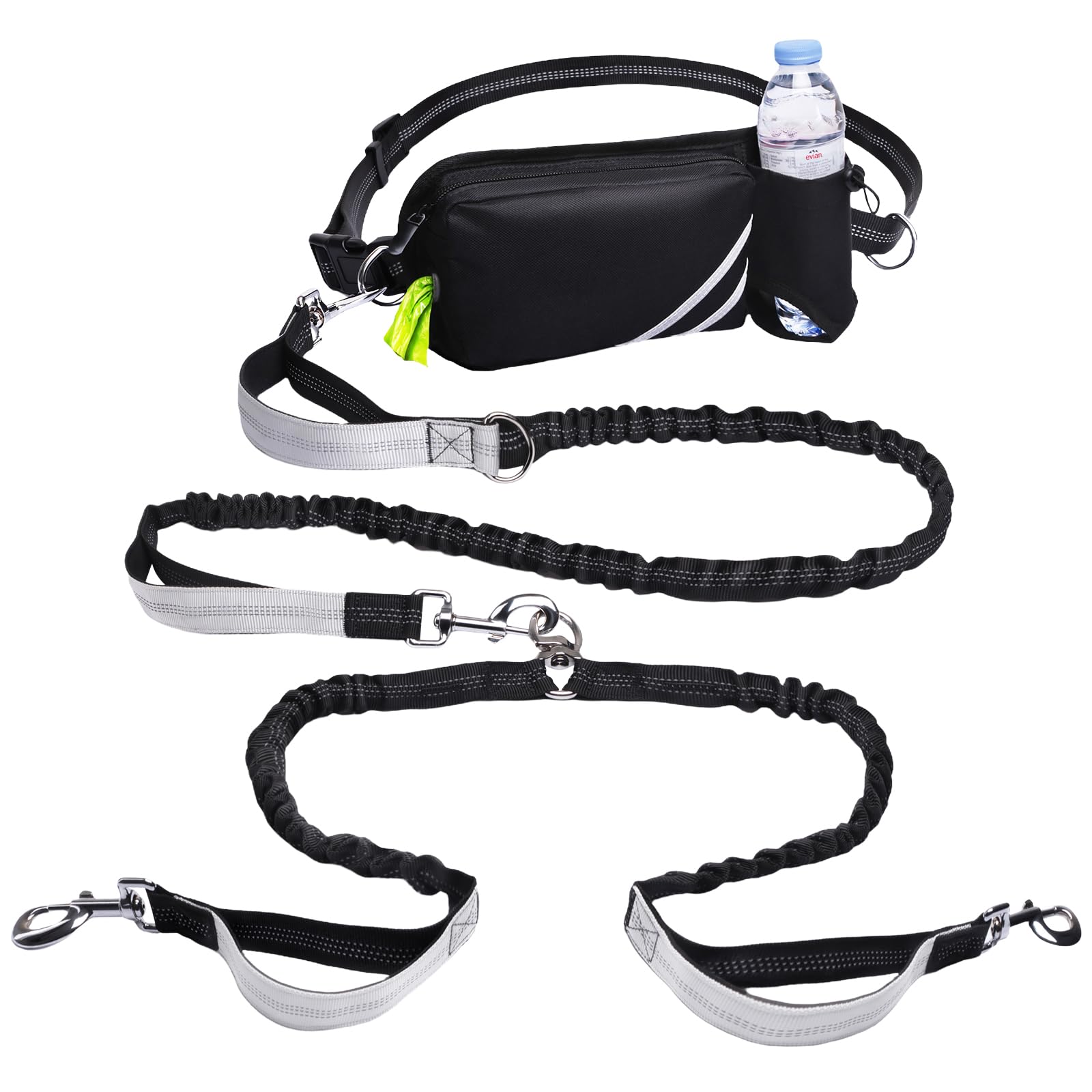 Hands Free Dog Leash for Two Dogs,Double Dog Leash for Medium and Large Dogs Heavy Duty,with Water Bottle Holder,Padded Handles, Reflective Stitches, No Tangle Black