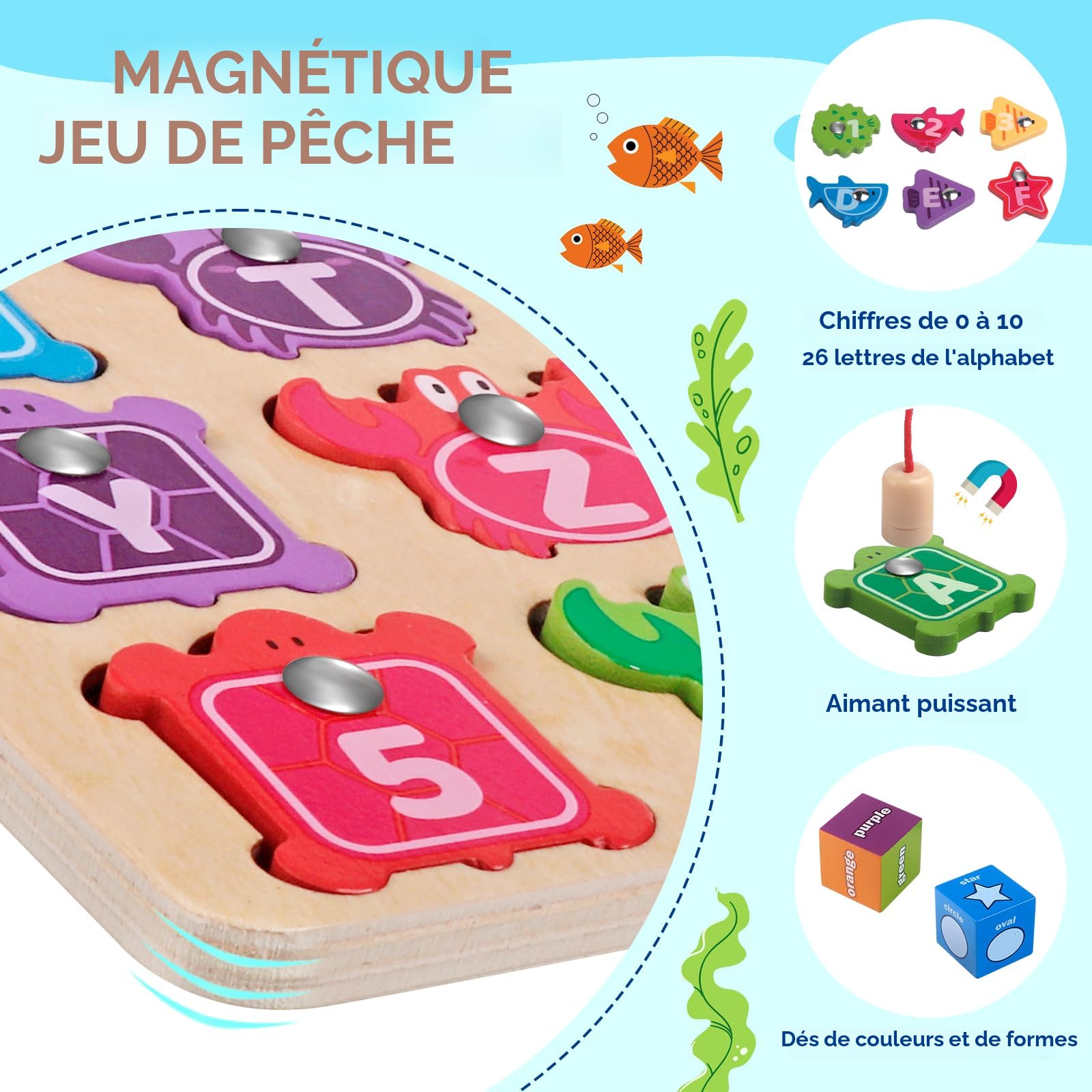 UNE Jeu de pêche magnétique en bois Jeu de ples à poisson Enfants