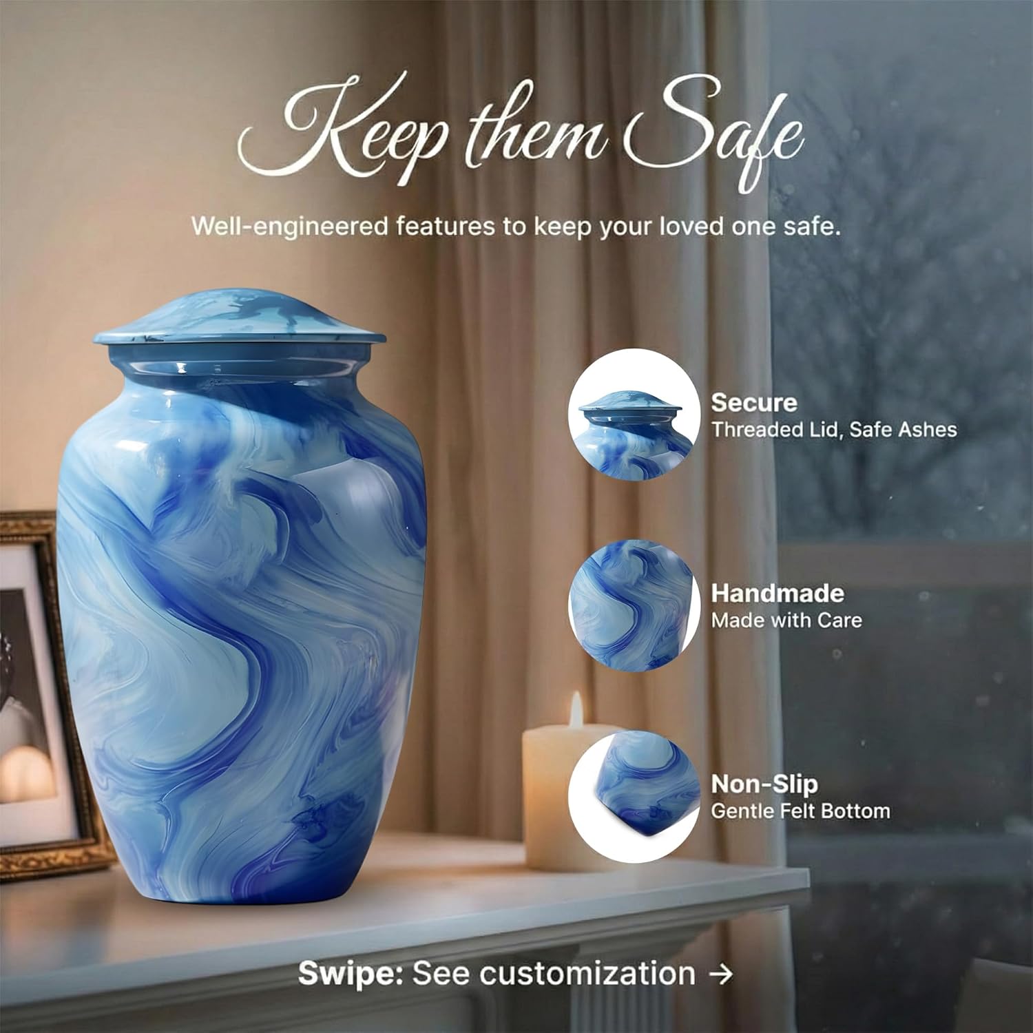 Custom Sky Blue Marble Urns for Human Ashes Adult - Burial Urn Set of 6 with 1 Large urn, 4 Keepsakes, 1 Memorial Necklaces