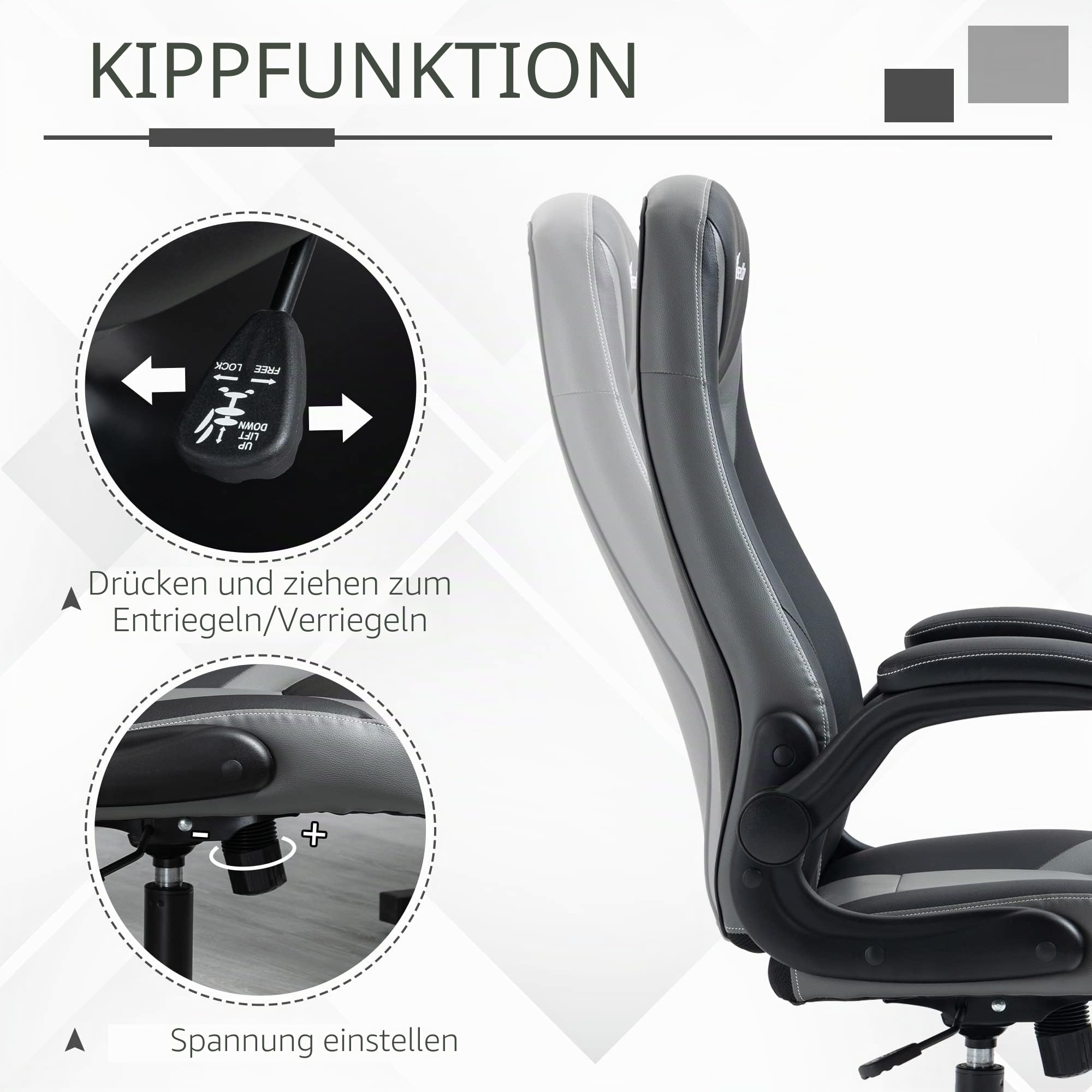 Vinsetto Ergonomischer Gaming-Stuhl mit runder Metallbasis 360° drehbar höhenverstellbar Kopfstütze hochklappbare Armlehnen PVC grau schwarz