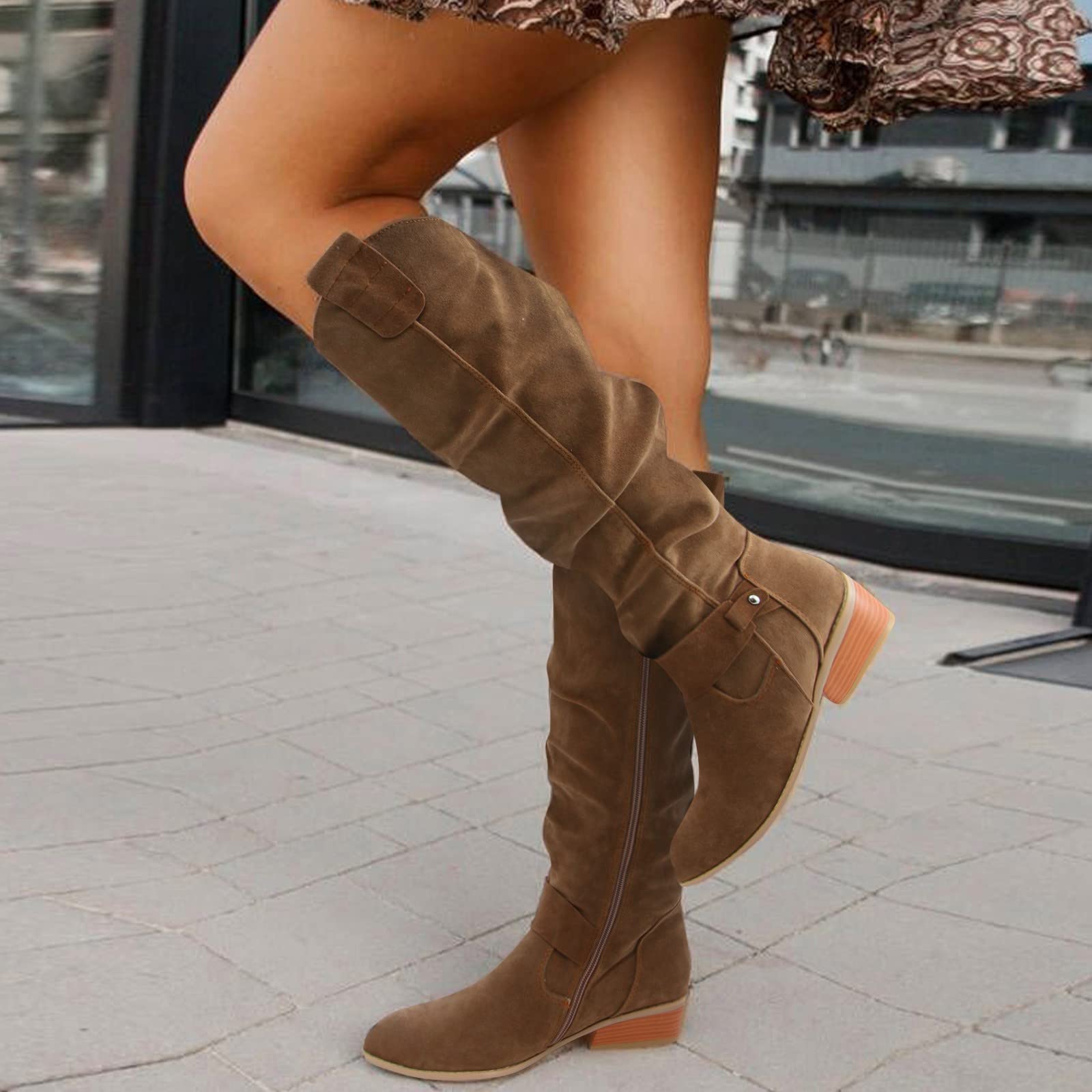 Botas genéricas para mujer ante talón bloque talla grande bota slouchy plisada bota lateral cierre de cremallera bota color sólido botas elegantes y flexibles botas altas altas para mujer de gran