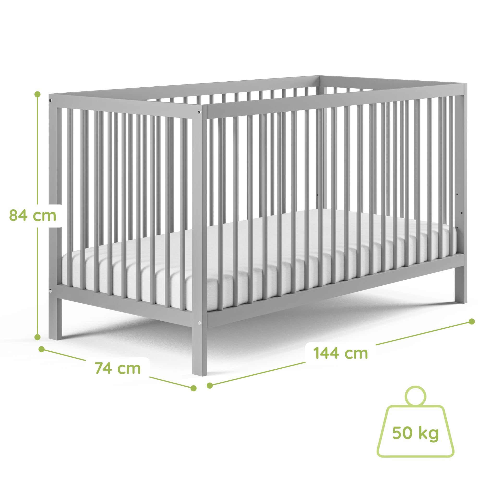 Kids Collective Letto per Bambini in legno di faggio 60x120 cm e 70x140 cm con materasso | Rete regolabile in altezza, sbarre removibili | Dalla nascita fino a 3 anni | Prodotto in UE | grigio