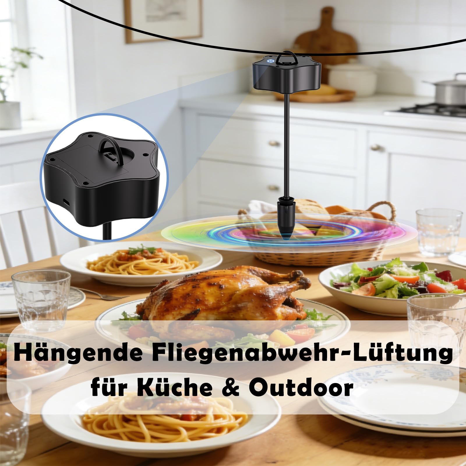 4er Fliegenwedler, USB-C aufladbar Fliegenfächer für Tische, tragbarer Fliegenabwehr Ventilator mit holografischen Reflexflügeln, leiser Fliegenvertreiber für Innen und Außen, Grillen, Picknick