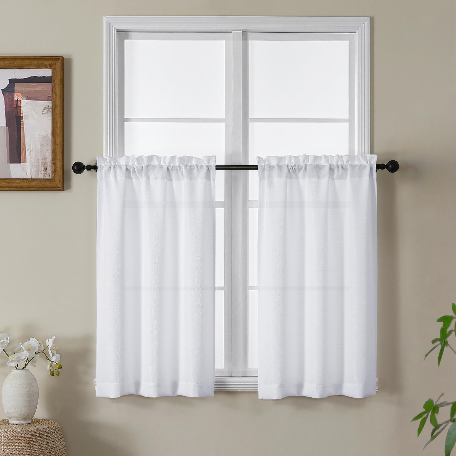 Gwine White Kitchen Curtains 36 Inch Length, Light Filtering Faux Linen Textured Small Half Window Curtains Over Sink, Rod Pocket Short Curtain for