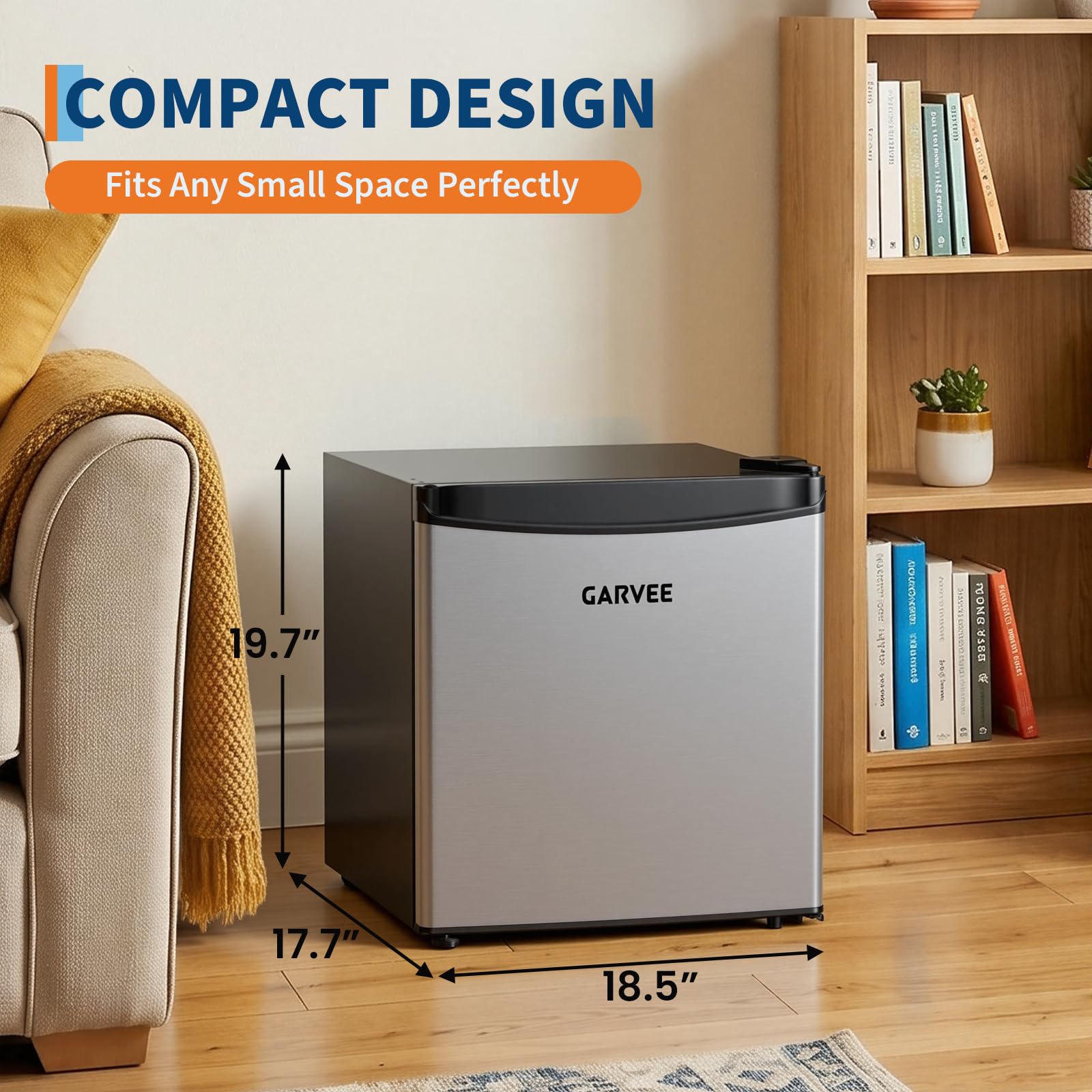 GarveeLife - Refrigerador compacto de 45 L, puerta inox, refrigeración rápida, 5 niveles de temperatura (0-18 ℃), funcionamiento silencioso 41 dB, cajón para verduras, patas ajustables, ideal para
