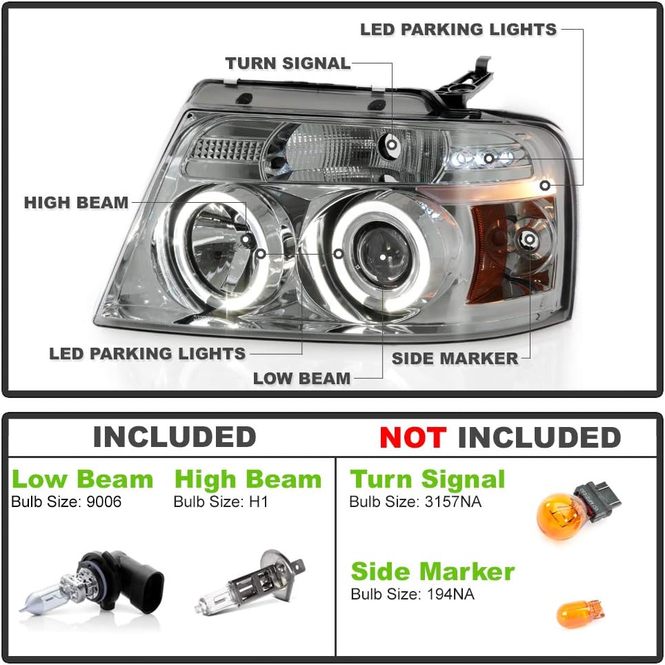 ACANII - For 2004-2008 Ford F150 LED Dual Halo Ring Smoked Lens Projector Headlights Headlamps, Driver & Passenger Side