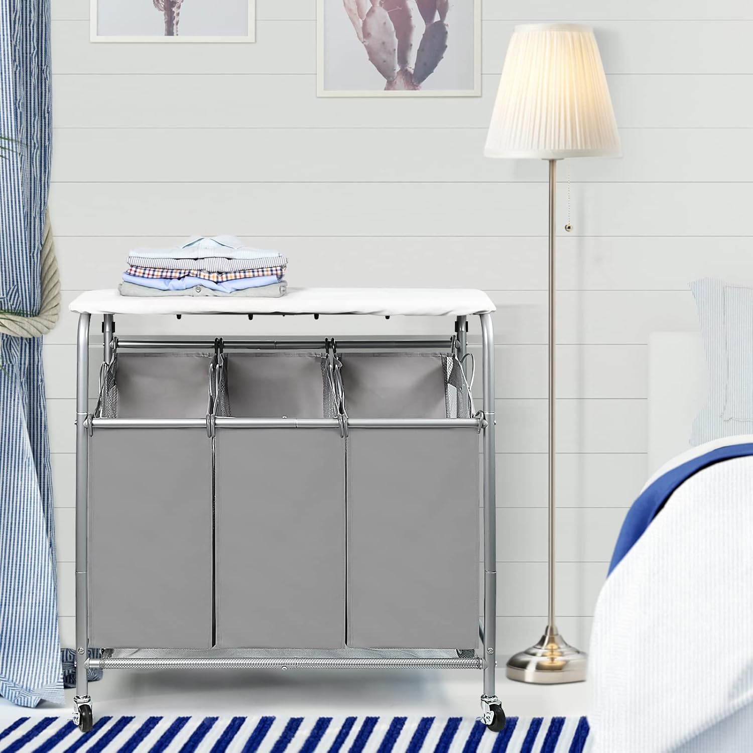 3 Bags Laundry Sorter Cart, Heavy Duty Rolling Laundry Hamper Sorter with Ironing Board(Grey)