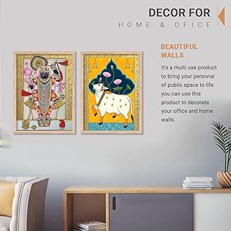kotart Madhubani Art Framed Painting for Home, Living Room, Hall | Traditional Shrinath and Cow Pichwai Art Paitnings with Frame for Home Decor (Set of 2)