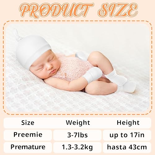 Miniatura 2 de Ramede Paquete de 4 gorros prematuros, guantes y calcetines de algodón para prematuros, sin arañazos, calcetines de rizo cálidos para niñas y niños