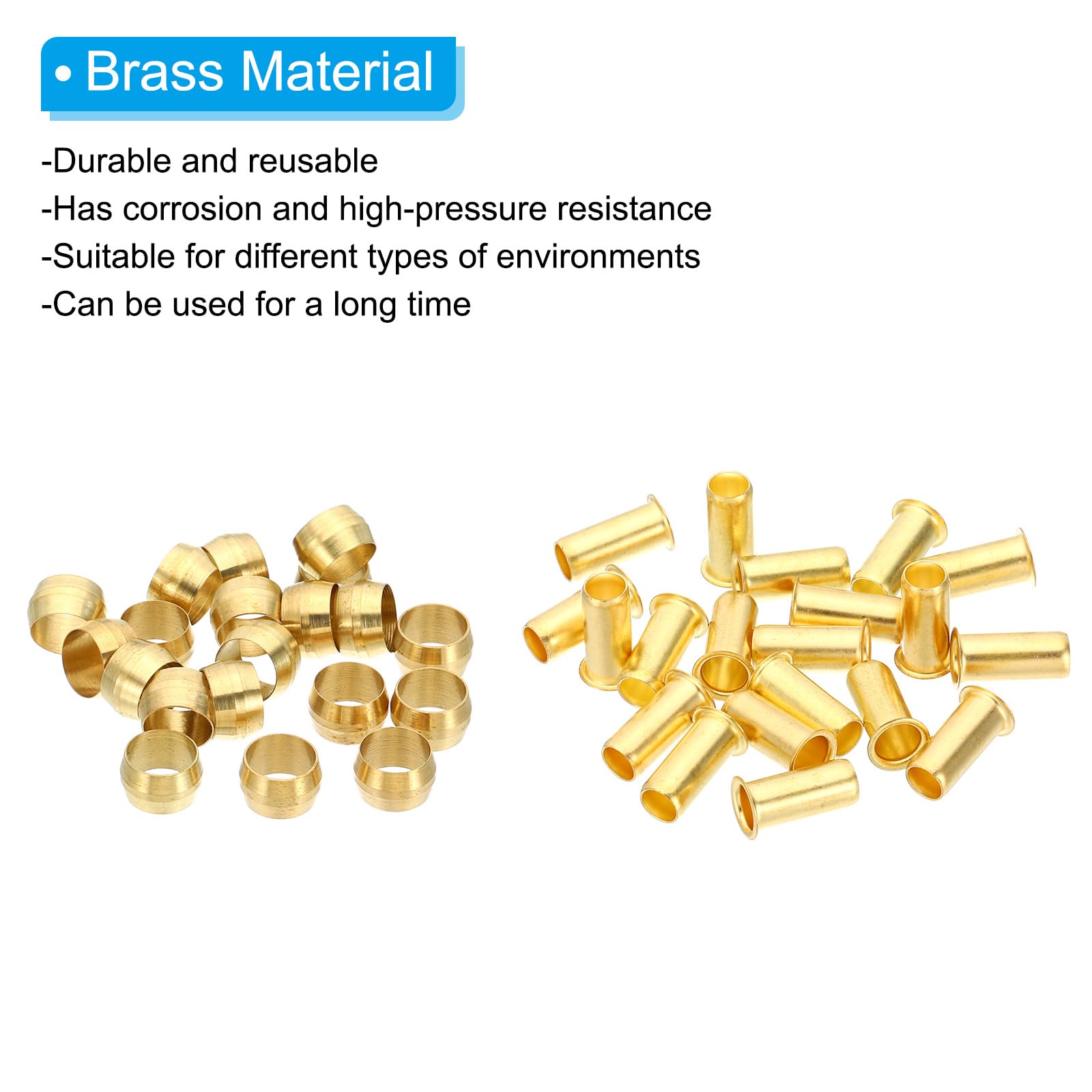 PATIKIL Messing Kompressionshülsen, 80 Stück 8mm ID x 8mm OD Schlauchrohr Messing Ferrule, Kompressions Einsatz Fitting Sortiment Kit für Luft Wasser Gasrohr
