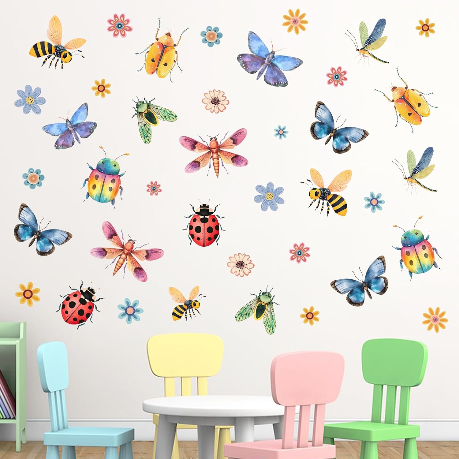 Mfault Watercolor Butterfly Bee Flower Wall Decals Stickers, Dragonfly Ladybug Floral Wildflower Decorations Bedroom Art, Spring Summer Home Living Room Kitchen Decor