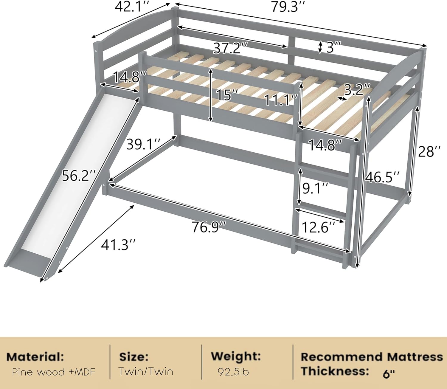 Bellemave Twin Over Twin Bunk Bed with Slide, Gray Wood Bunk Bed Frame for Kids, Girls, Boys, Teens, Space-Saving, No Spring Needed