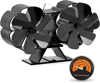 Wood Stove Fan Heat Powered, 12 Blades Non Electric Ecofan, Thermoelectric Fireplace Cocoon fans for Log/Wood/Pellet Buring stoves, Save Fuel&Efficient Heat Transfer (With Thermometer)