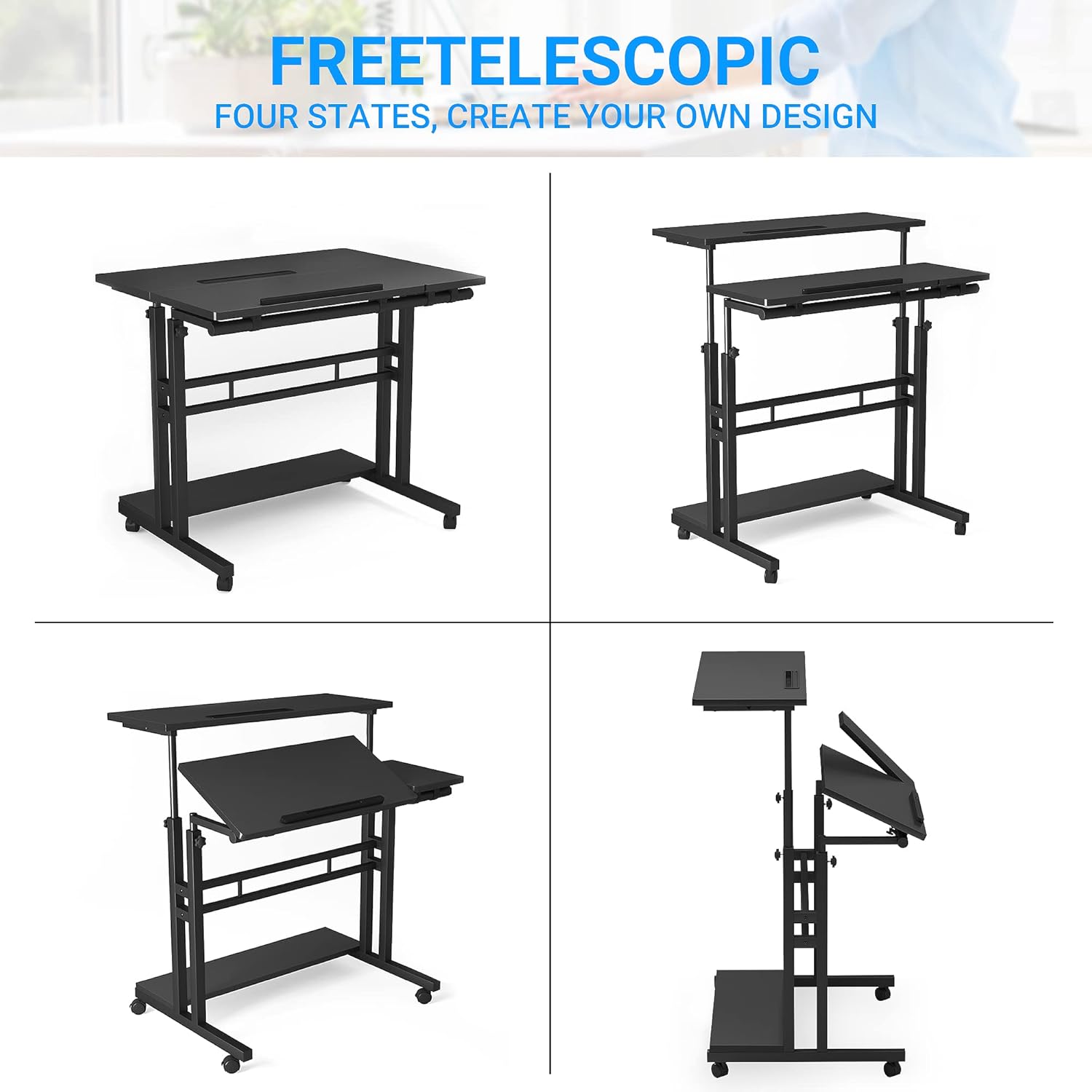 Panta Mobile Standing Desk, Adjustable Rolling Computer Desk with 3 Desktops, Portable Laptop Table with Desk Cup Holder, Home Office Laptop Workstation on Lockable Wheels, Black : Office Products