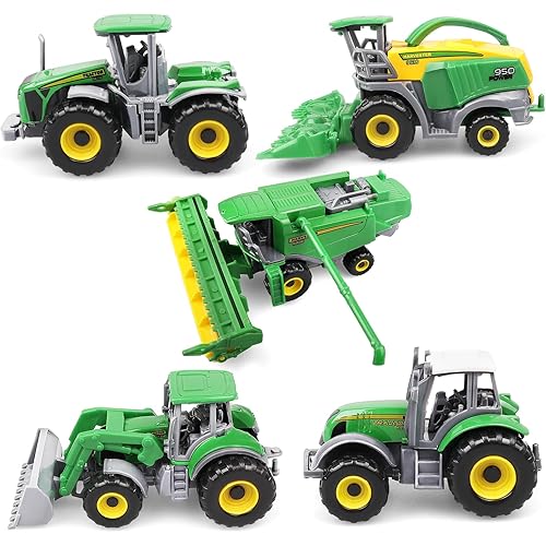 5 Pack Farm Tractor Toys, Die Cast Truck Tractors for Kids 3-5 6 7 8 9, Farm Equipment Toys for Boys Toddlers Gifts, Cake Topper Party Favors