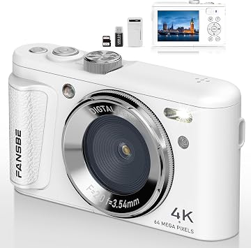 Fansbe Smart Digital Camera, 4K Vlogging Camera with 64MP, Point and Shoot Digital Cameras with 18X Zoom, Anti-Shake, Mode Dial, 32GB SD Card, Card Reader, Charger, Compact Small Cameras, White