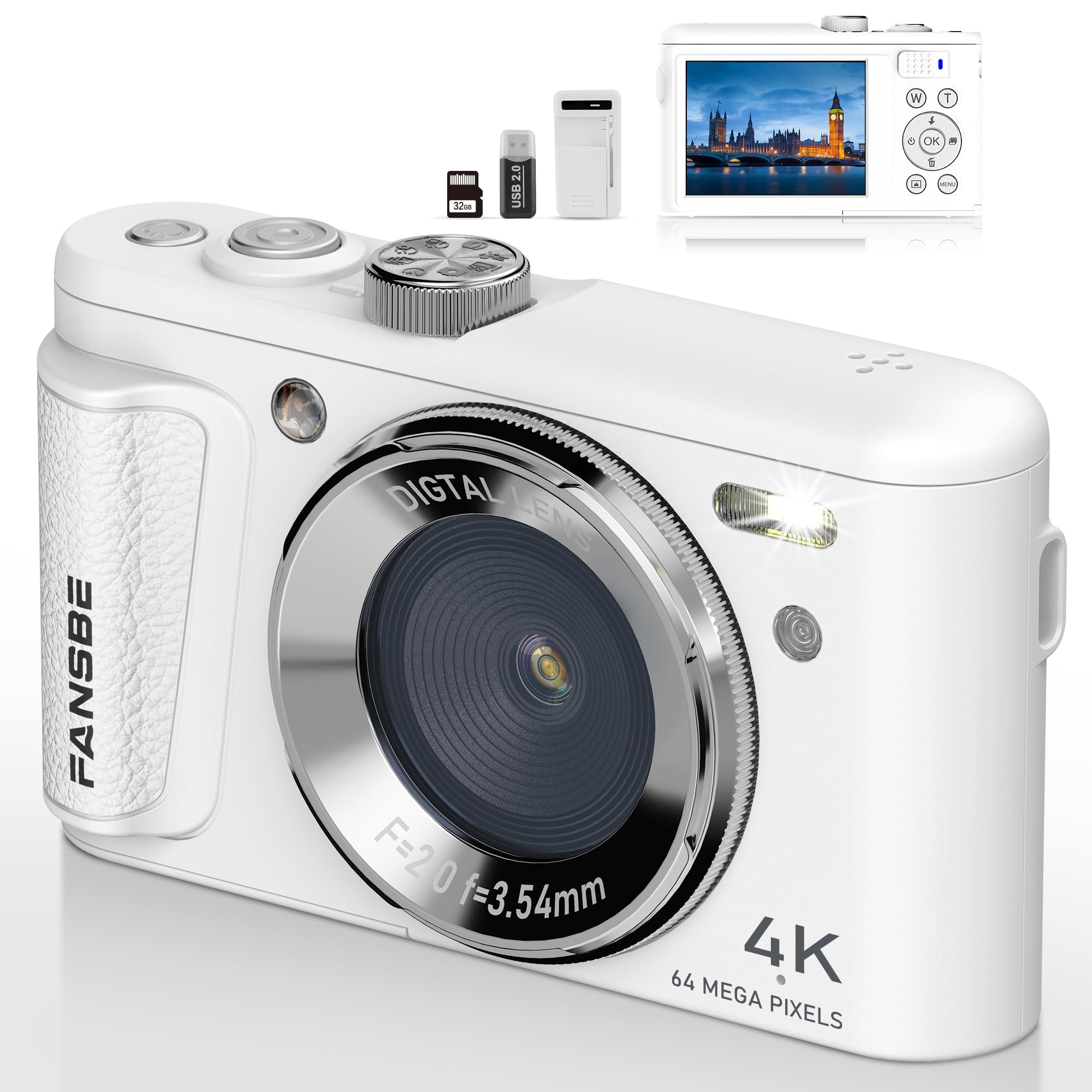Fansbe Smart Digital Camera, 4K Vlogging Camera with 64MP, Point and Shoot Digital Cameras with 18X Zoom, Anti-Shake, Mode Dial, 32GB SD Card, Card Reader, Charger, Compact Small Cameras, White