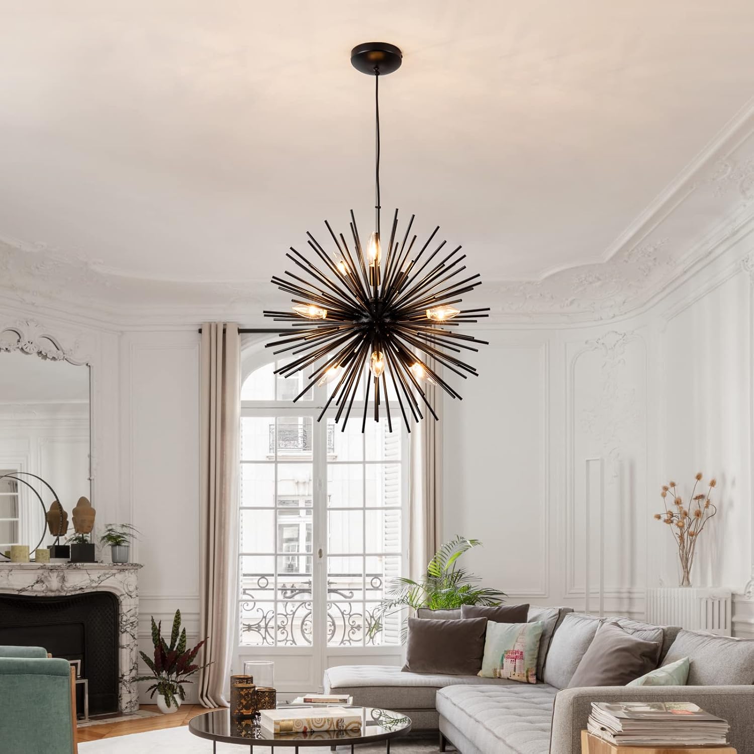 CM MZY Modern Black Sputnik Chandeliers, 9-Light Satellite Pendant Light fixtures, Starburst Firework Ceiling Lights for Bedroom Living Room Dining Room Kitchen Island Hallway, E12 Socket(Dia:19.7'')