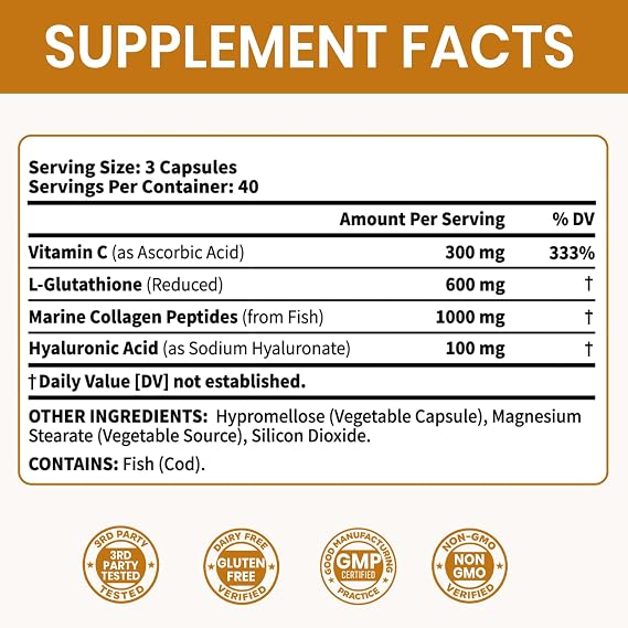 VEV Glutathione Supplement 600mg, Vitamin C & Collagen, 40-Day Supply | Antioxidant Support for Skin Whitening, Hydration & Even-Looking Tone, 120 Capsules