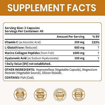 VEV Glutathione Supplement 600mg, Vitamin C & Collagen, 40-Day Supply | Antioxidant Support for Skin Whitening, Hydration & Even-Looking Tone, 120 Capsules