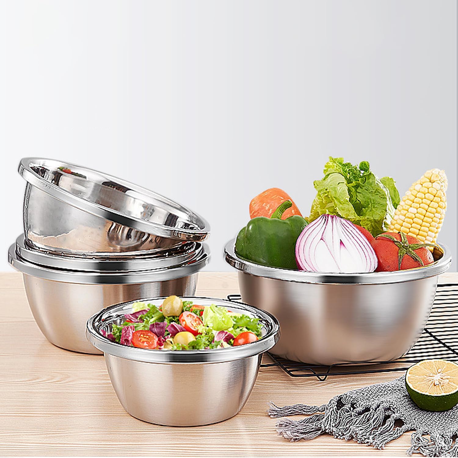 CAMBUY Stainless Steel Salad Bowls 54Oz 4Pack Metal Large Cereal Bowl Set