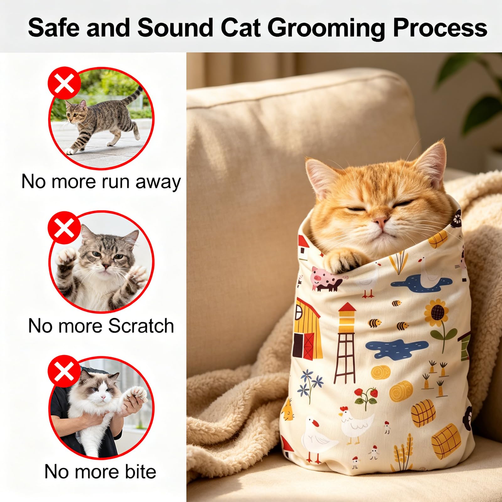 Cat Grooming Wrap, ściereczka do pielęgnacji kotów, samoprzylepna, 70 x 70 cm, odporna na ugryzienia i zarysowania, do przycinania pazurów, wiązania dla kotów, do pielęgnacji paznokci uspokajających