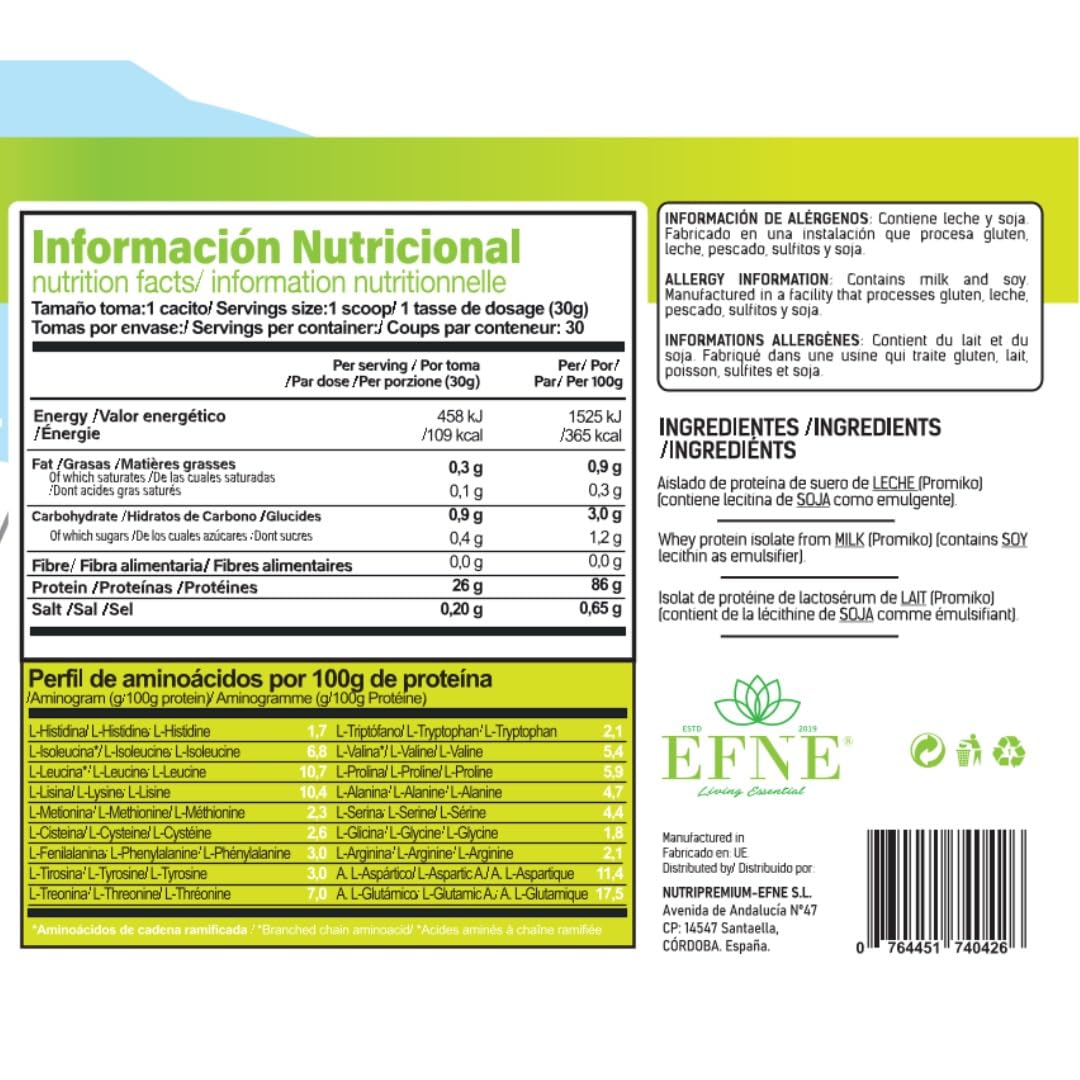 EFNE Isolate CFM Whey Proteína Neutra 900 g | Proteína Aislada de Suero de Leche CFM con DigeZyme® | 89% Proteína | Sin Azúcar Añadido | Glanbia Promiko® | Preparado Alimenticio
