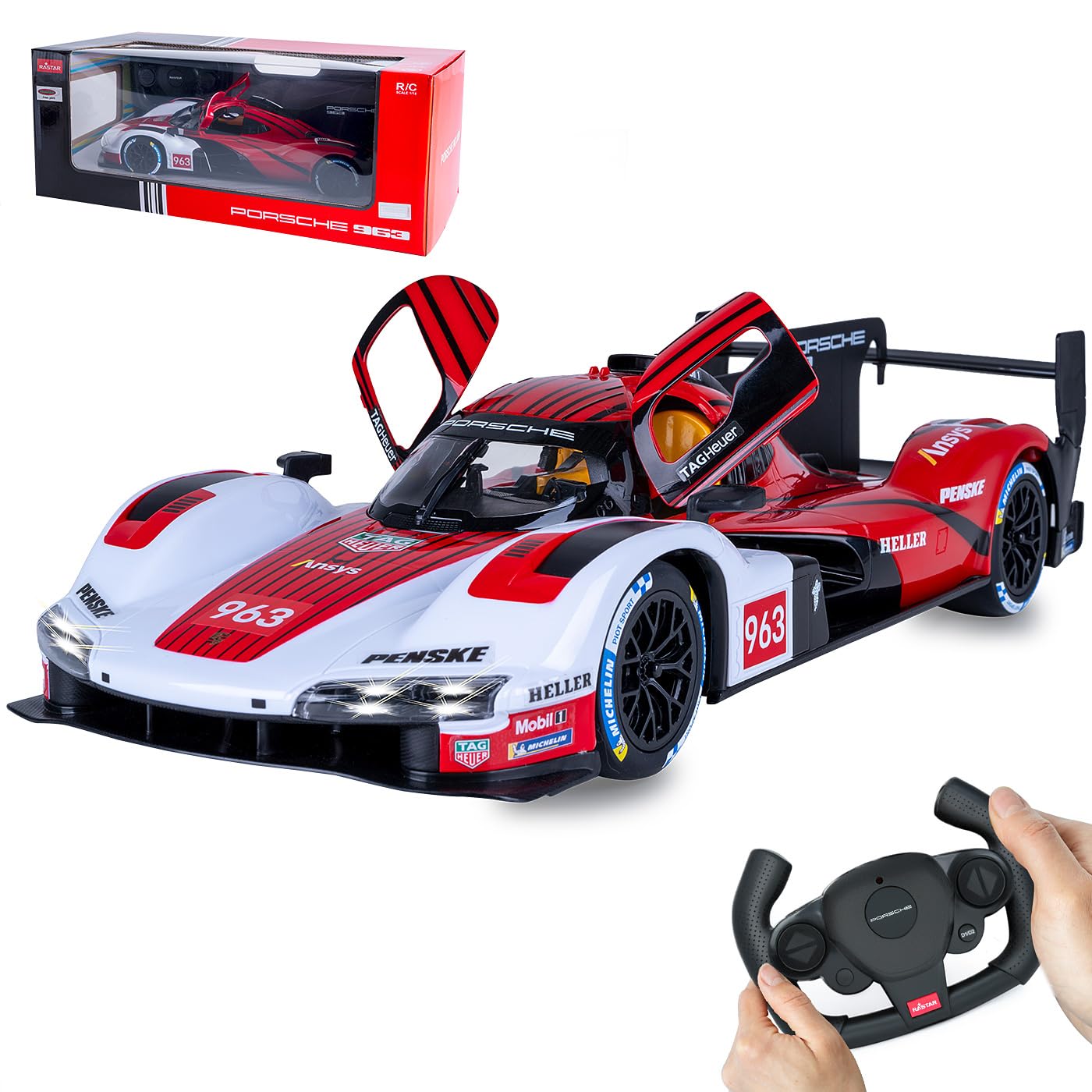 JAMARA 402261 Porsche 963 LMDH 1:14 czerwony, 2,4 GHz, licencjonowany, zdalnie sterowany samochód RC z ręcznymi drzwiami, model samochodu, zabawkowy dla dzieci
