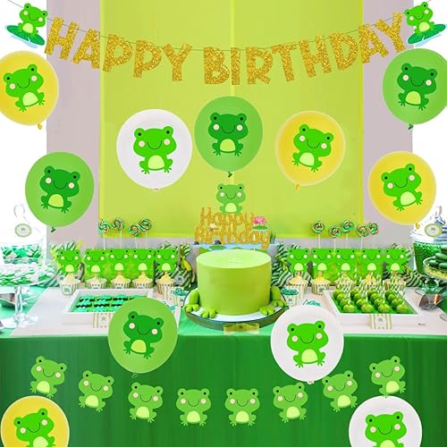Miniatura 2 de Cheereveal Kit de decoración de fiesta de cumpleaños de rana con pancarta de feliz cumpleaños, decoración de pasteles, globos de látex de rana,