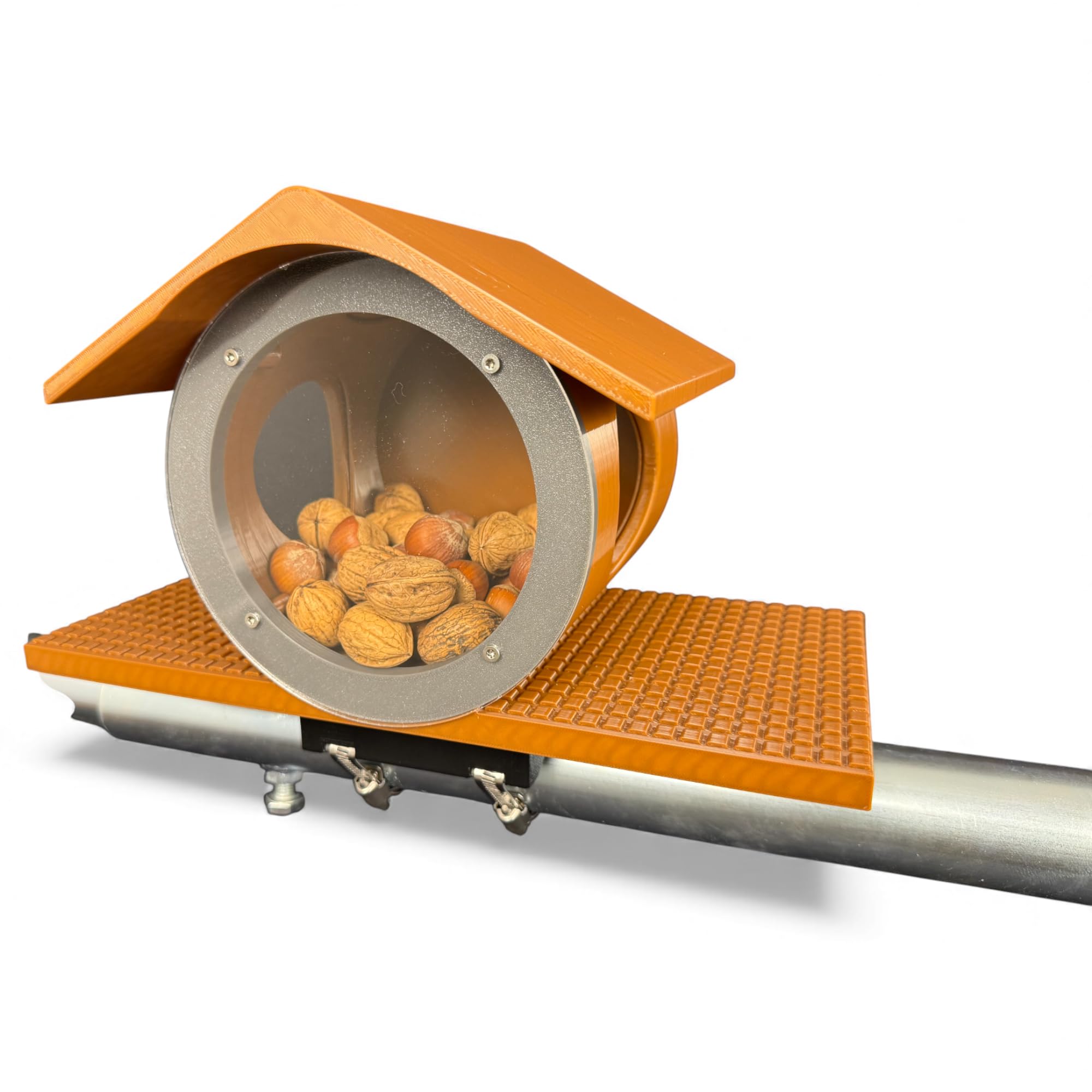 Eichhörnchen Futterhaus mit seitlichen Rundöffnungen, Geländerbefestigung für Balkon, Dachrinne & Zaunpfosten, witterungsbeständig, robust, langlebig, Braun, grauer Frontring