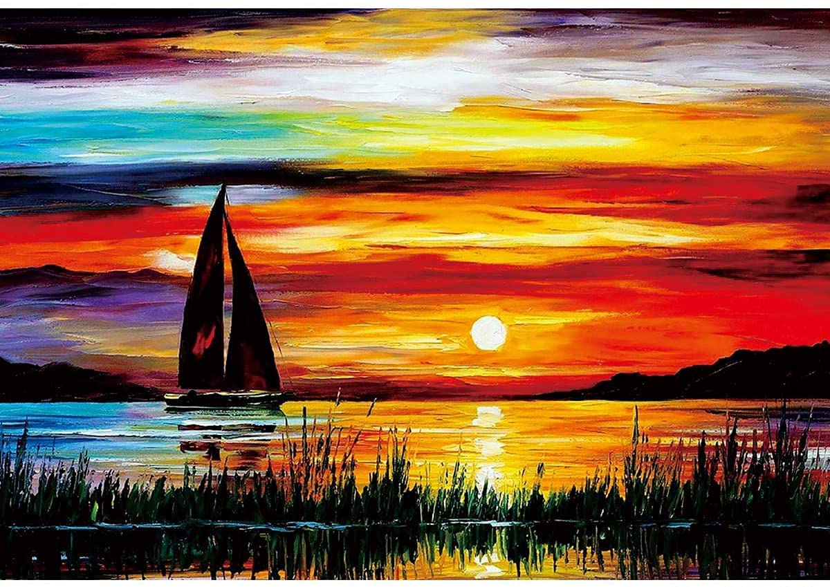 Sunset Sailing Boat Wooden Jigsaw Puzzle 1000pcs, Sailboat on Lake Challenging Oil Painting Art Puzzles for Adults Friends Gifts for Wedding Birthday Valentine's Day Home Decor