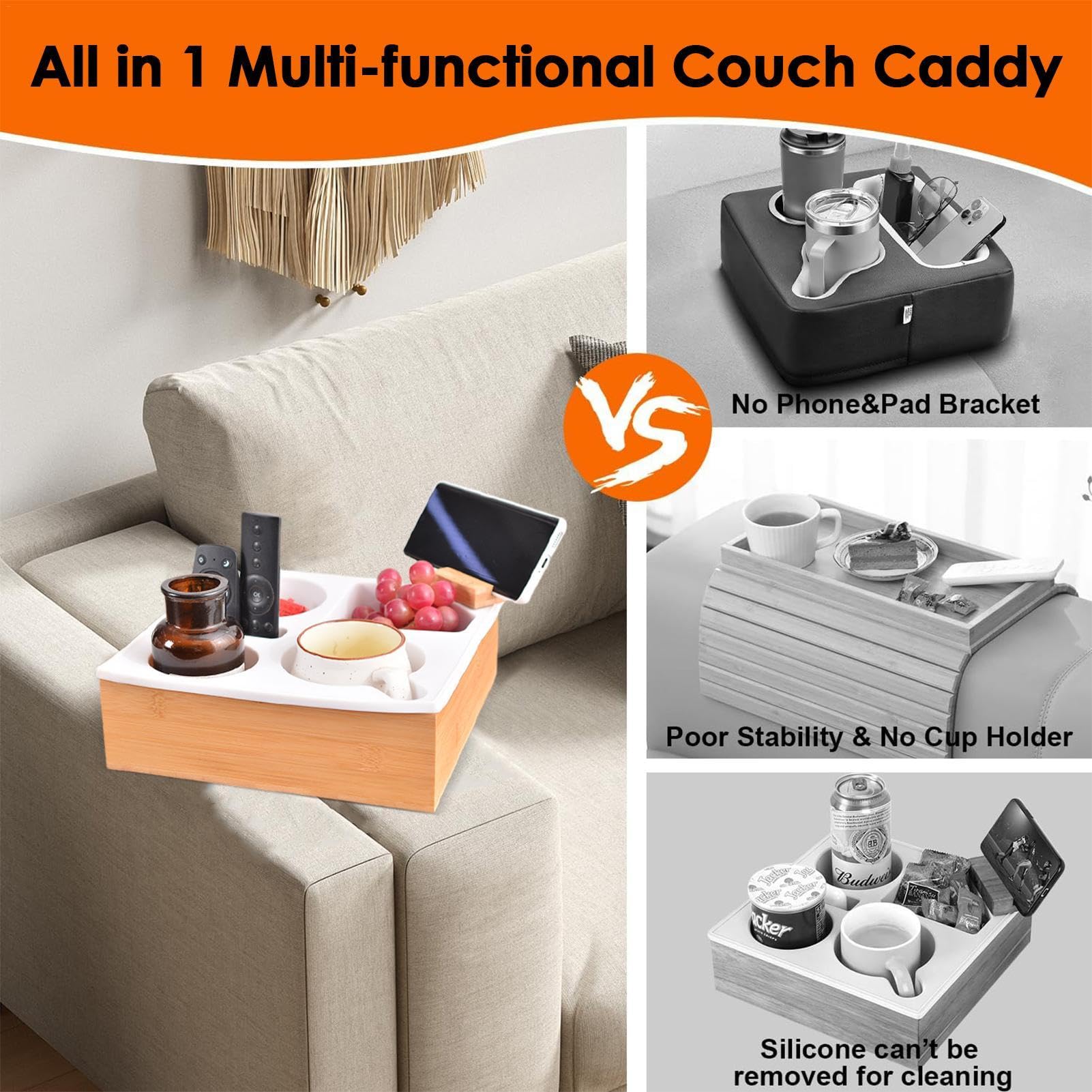 Auto-Getränkehalter – abnehmbarer Couch-Getränkehalter | praktisches Couch-Tablett, Holz-Bett-Becherhalter für Boot, Bett, Sofa,